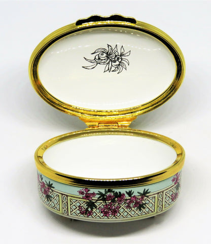 HALCYON DAYS ENAMEL BOX- "GARDEN AS IF YOU WILL LIVE FOREVER" - FLOWERS & FRUITS