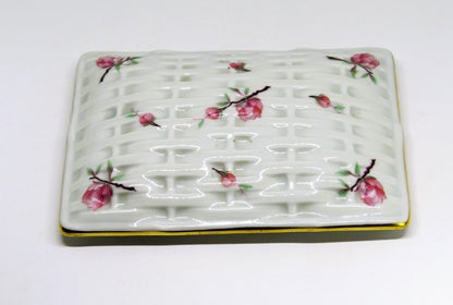 LIMOGES FRANCE TWO PIECE BOX ~ 'WOVEN WICKER' WITH PINK FLOWERS & BUDS