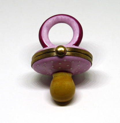 LIMOGES BOX~ PIERRE ARQUIE ~ PINK & BURGUNDY BABY PACIFIER ~ WHITE DOTS ~ 26/750