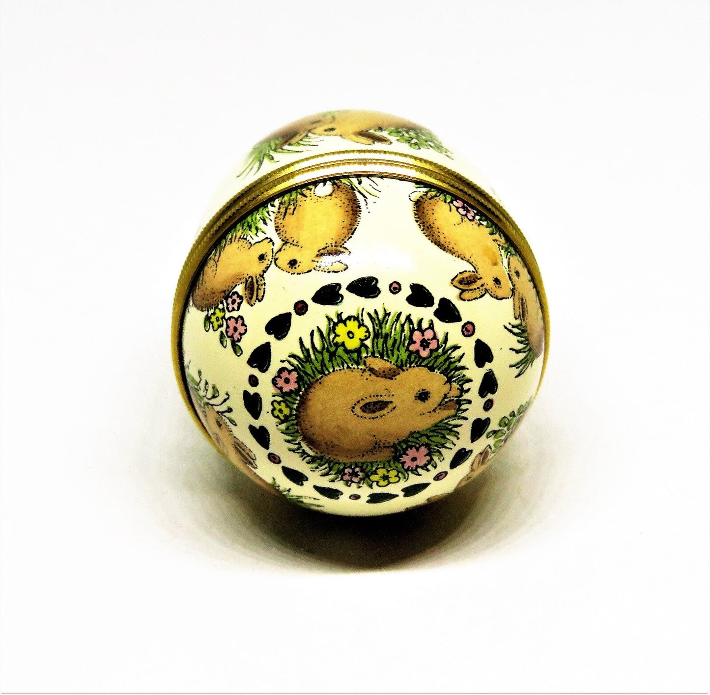 HALCYON DAYS ENAMEL BOX - VINTAGE EASTER BUNNY EGG & STAND - RABBITS & FLOWERS