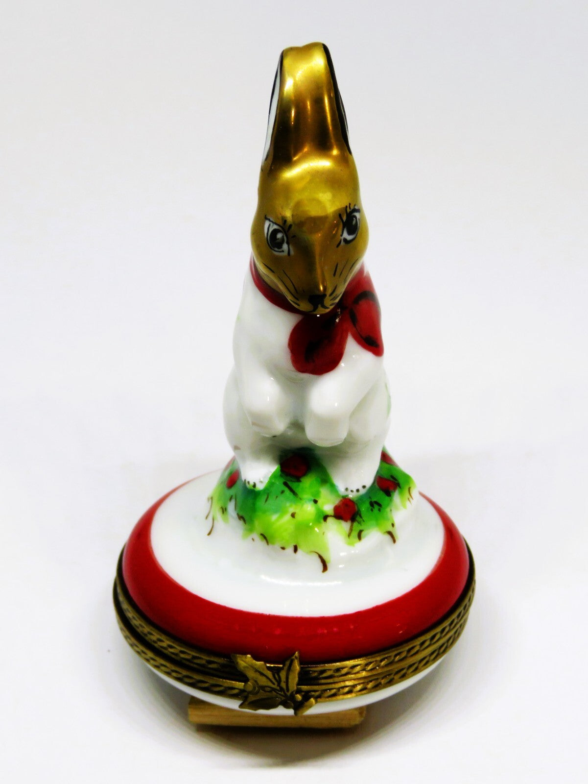 LIMOGES FRANCE BOX - CHAMART - WHITE BUNNY & RED BOW & HOLLY - FIRST CHRISTMAS