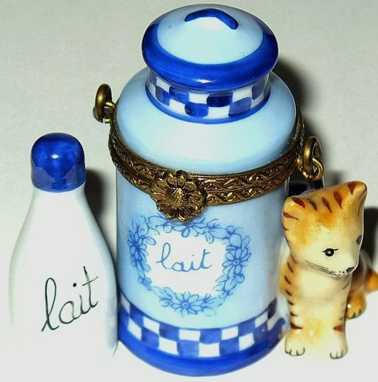 LIMOGES FRANCE BOX - PARRY-VIEILLE - TABBY CAT & MILK BOTTLE - KITTEN - KITTY