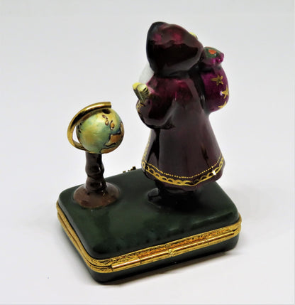 LIMOGES FRANCE BOX- CHRISTMAS - LYNN HANEY - "GLOBE SANTA CLAUS" - MAPS & WREATH