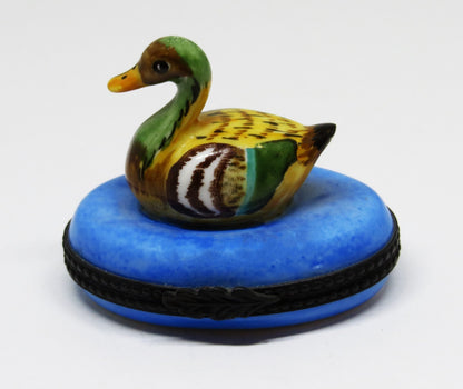 LIMOGES FRANCE BOX - COLORFUL MALLARD DUCK IN BLUE POND - REEDS & CATTAIL INSIDE