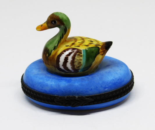 LIMOGES FRANCE BOX - COLORFUL MALLARD DUCK IN BLUE POND - REEDS & CATTAIL INSIDE