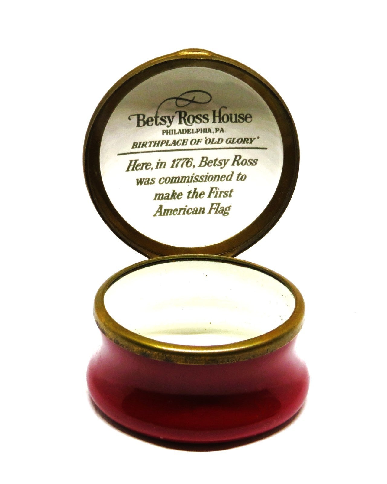 HALCYON DAYS ENGLISH ENAMEL BOX -BETSY ROSS HOUSE- PHILADELPHIA -U. S. FLAG- MIB