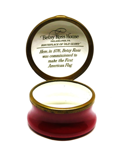 HALCYON DAYS ENGLISH ENAMEL BOX -BETSY ROSS HOUSE- PHILADELPHIA -U. S. FLAG- MIB