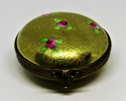 LIMOGES FRANCE BOX - VINTAGE GOLD INCRUSTATION COMPACT - FLOWERS - PINK ROSES
