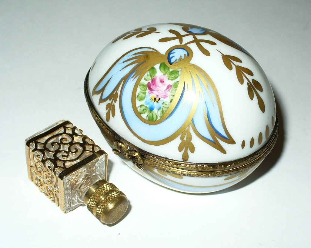 LIMOGES FRANCE BOX - FLORAL EGG - PINK ROSES & RIBBONS & PERFUME BOTTLE  - GR