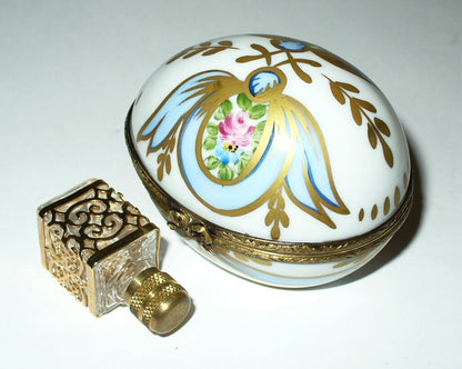 LIMOGES FRANCE BOX - FLORAL EGG - PINK ROSES & RIBBONS & PERFUME BOTTLE  - GR