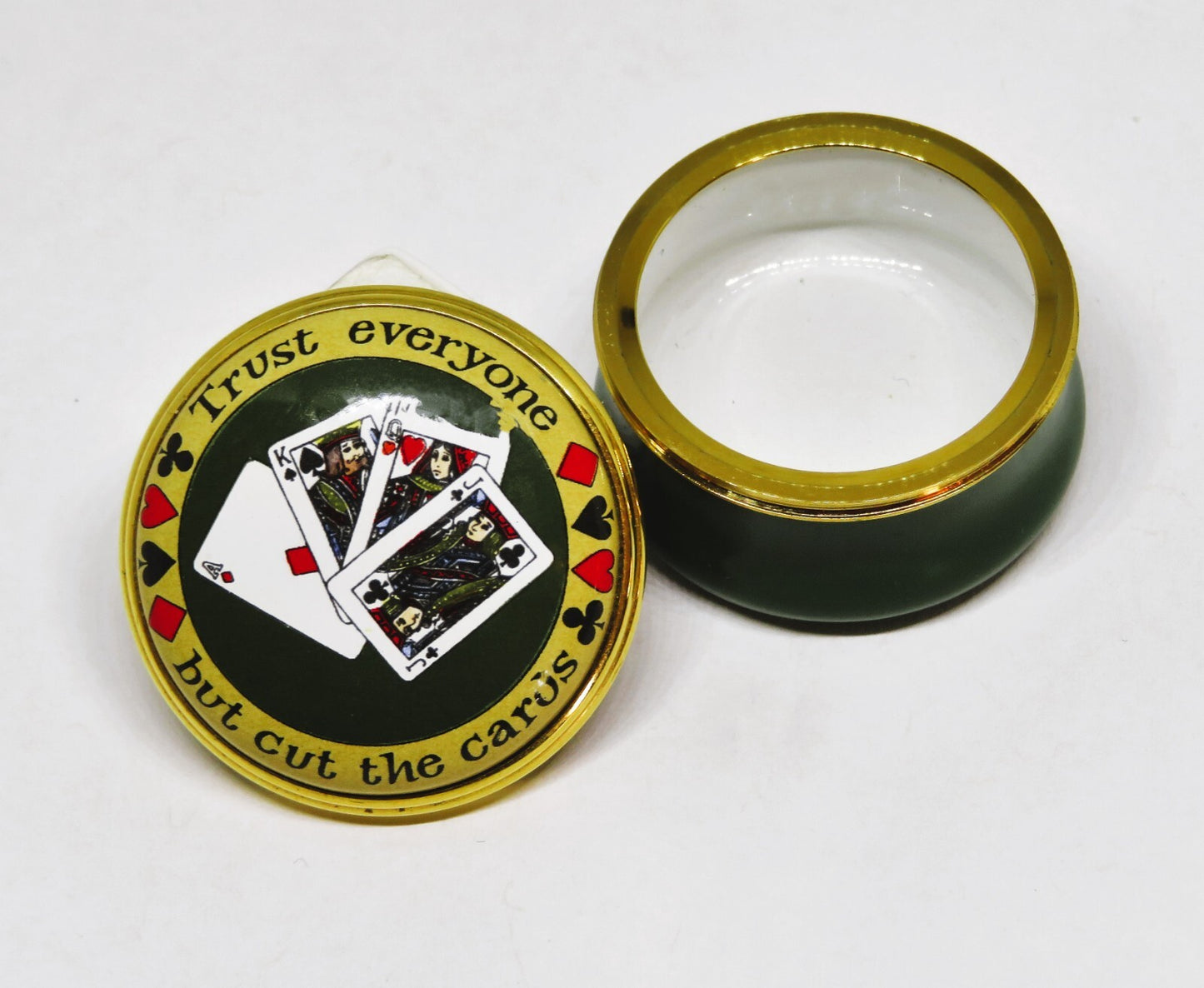 HALCYON DAYS ENGLISH ENAMEL BOX- "TRUST EVERYONE BUT CUT THE CARDS"