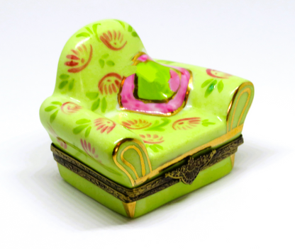 LIMOGES BOX - COMFORTABLE GREEN READING CHAIR & PILLOW - PINK FLOWERS
