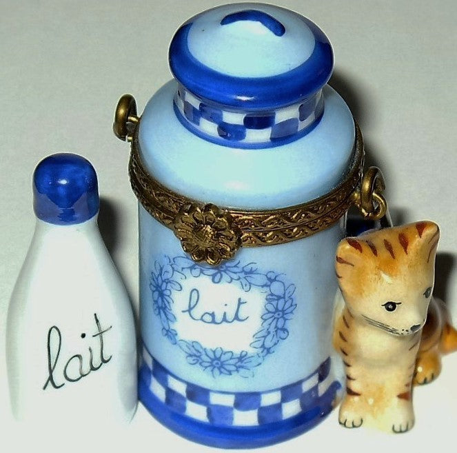 LIMOGES FRANCE BOX - PARRY-VIEILLE - TABBY CAT & MILK BOTTLE - KITTEN - KITTY