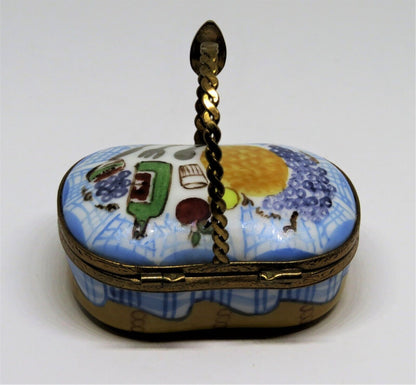 LIMOGES BOX - 'WICKER' PICNIC BASKET & SPOON CLASP - WINE, CHEESE & FRUIT