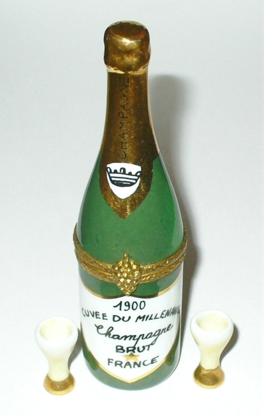 LIMOGES FRANCE BOX - CHAMPAGNE BOTTLE & 2 PORCELAIN GLASSES - NEW YEAR'S EVE