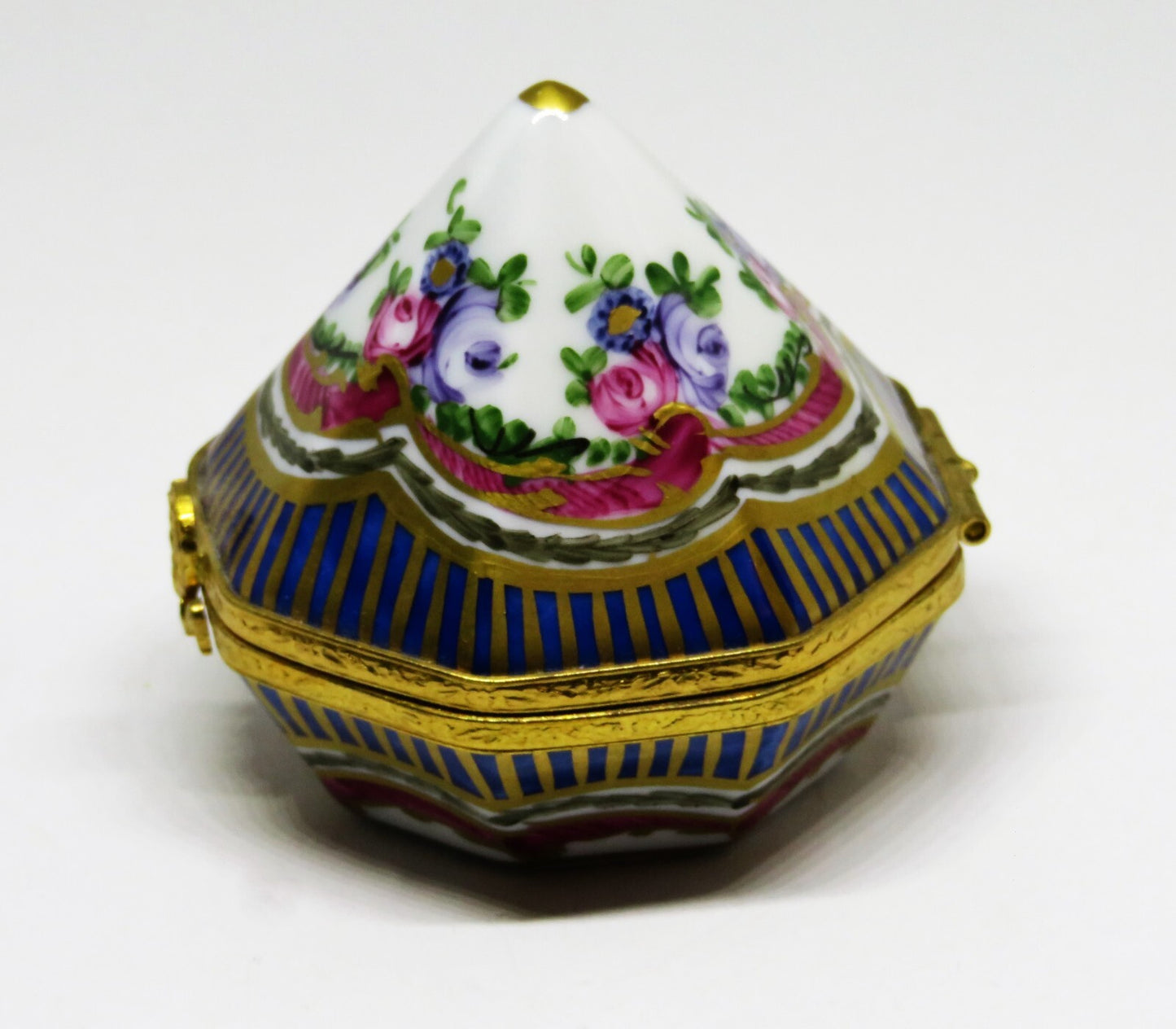 LIMOGES FRANCE BOX- UNUSUAL 8 SIDED FLORAL PYRAMID -SEVRES STYLE- FLOWERS -ROSES