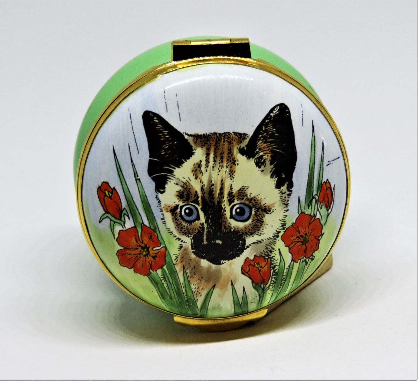 CRUMMLES ENGLISH ENAMEL BOX - SIAMESE KITTEN & RED POPPY FLOWERS - CAT - KITTY