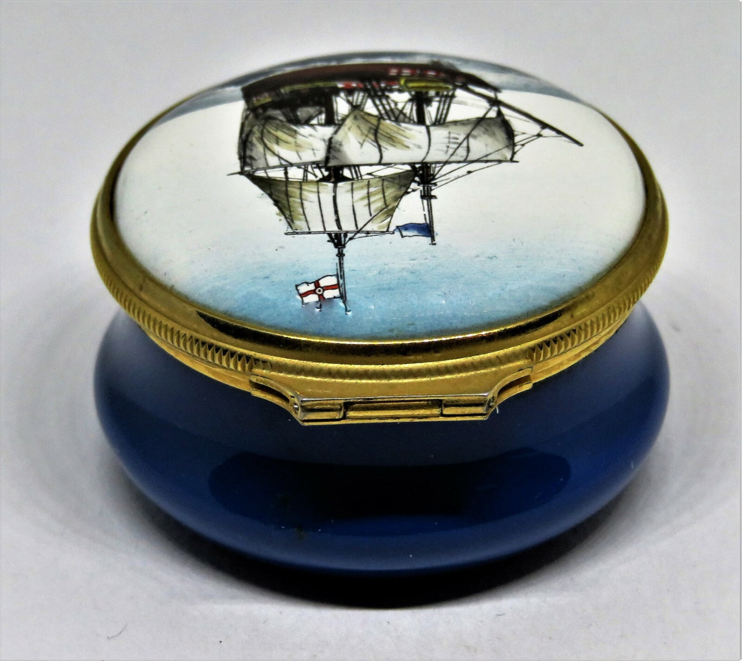 HALCYON DAYS ENAMEL BOX -GODSPEED ANTIQUE SAILING SHIP- JAMESTOWN VIRGINIA 1607