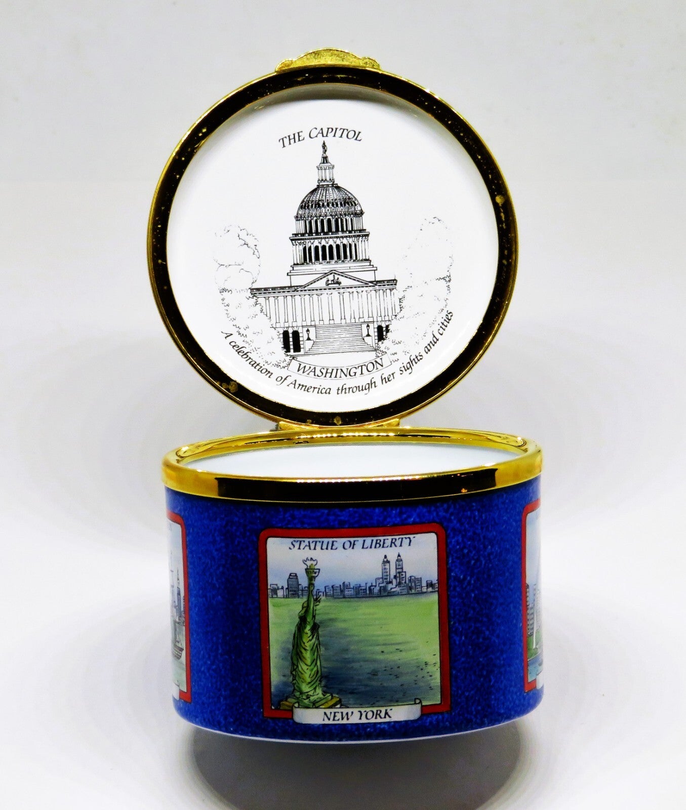STAFFORDSHIRE ENGLISH ENAMEL BOX - U. S. LANDMARKS - STATUE OF LIBERTY - CAPITOL