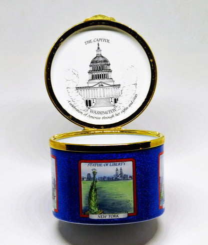 STAFFORDSHIRE ENGLISH ENAMEL BOX - U. S. LANDMARKS - STATUE OF LIBERTY - CAPITOL