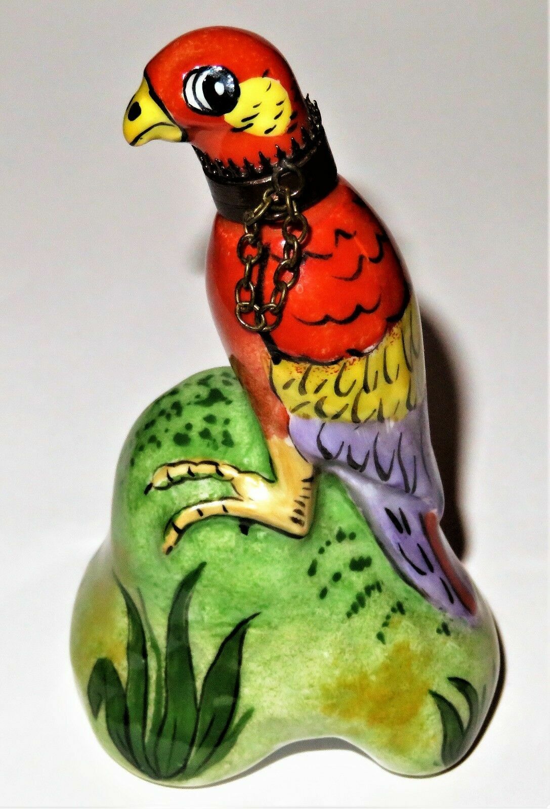 LIMOGES FRANCE BOX - VINTAGE MACAW PARROT PERFUME BOTTLE & CHAIN COLLAR - BIRDS
