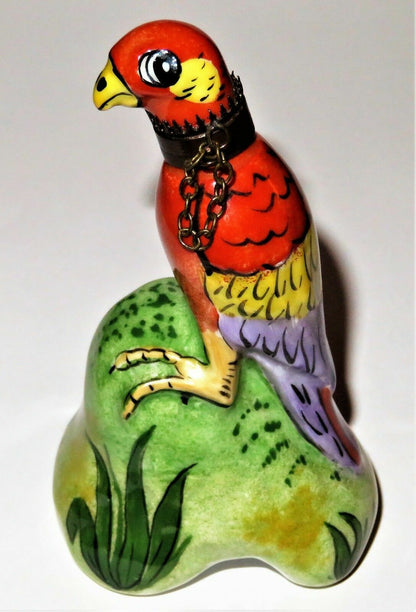 LIMOGES FRANCE BOX - VINTAGE MACAW PARROT PERFUME BOTTLE & CHAIN COLLAR - BIRDS