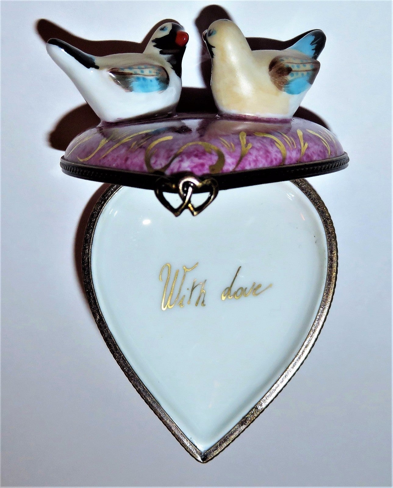 LIMOGES FRANCE BOX - PINK & GOLD HEART & LOVEBIRDS - "WITH LOVE" - ANNIVERSARY
