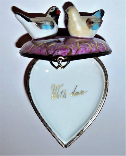 LIMOGES FRANCE BOX - PINK & GOLD HEART & LOVEBIRDS - "WITH LOVE" - ANNIVERSARY