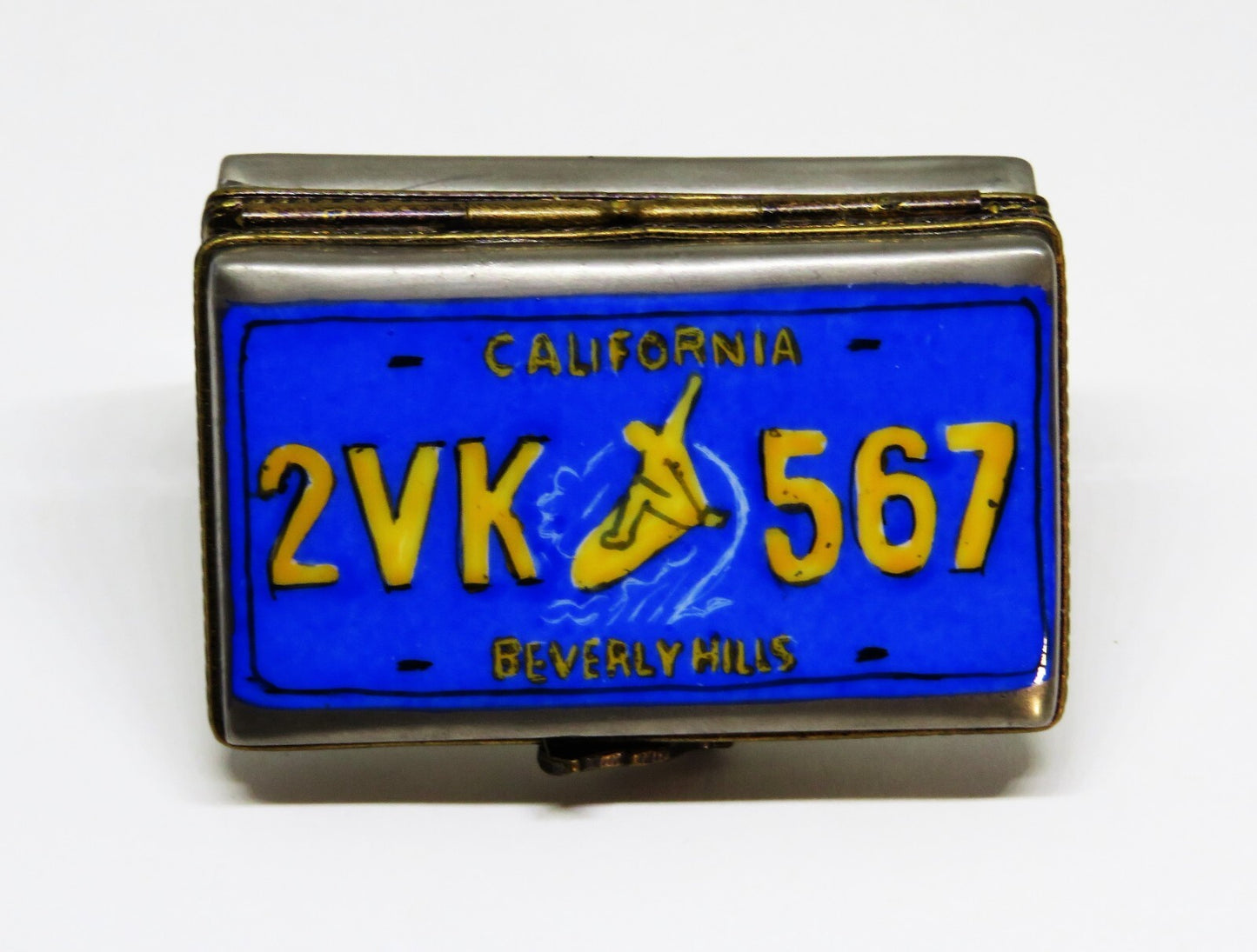 LIMOGES FRANCE BOX~ CALIFORNIA LICENSE PLATE ~ MAN ON A SURFBOARD ~ GOLDEN STATE