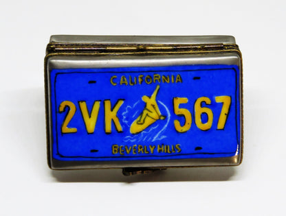 LIMOGES FRANCE BOX~ CALIFORNIA LICENSE PLATE ~ MAN ON A SURFBOARD ~ GOLDEN STATE