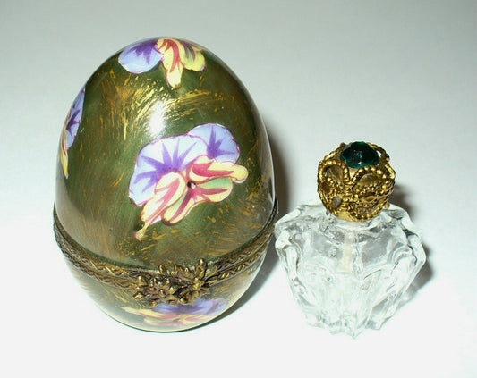 LIMOGES BOX - CHAMART - PANSY EASTER EGG & PERFUME BOTTLE - FLOWERS