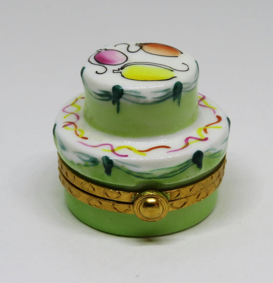 LIMOGES FRANCE BOX ~ MINT GREEN BIRTHDAY CAKE & BALLOONS ~ PEINT MAIN