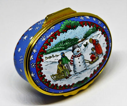 HALCYON DAYS ENAMEL BOX - CHRISTMAS SCENE - SNOWMAN & CHILDREN & SNOWFLAKES