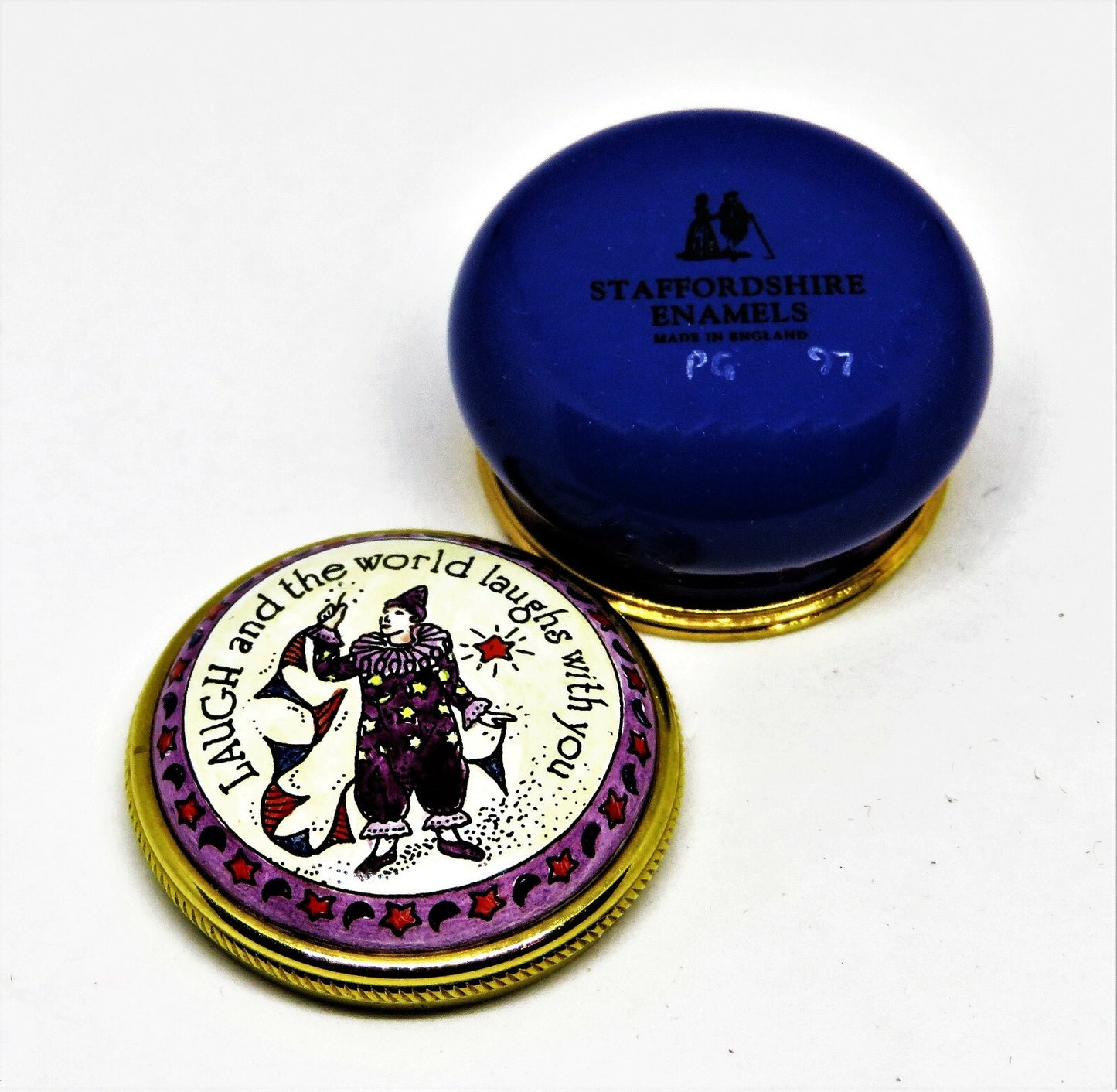 STAFFORDSHIRE ENAMELS BOX - "LAUGH AND THE WORLD LAUGHS WITH YOU" - CLOWN - MIME