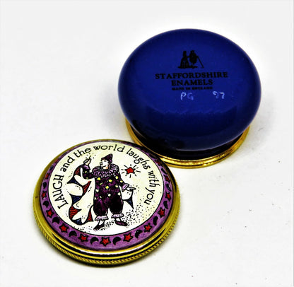 STAFFORDSHIRE ENAMELS BOX - "LAUGH AND THE WORLD LAUGHS WITH YOU" - CLOWN - MIME