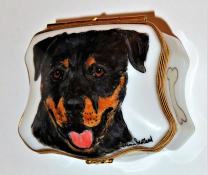 LIMOGES FRANCE BOX - ROTTWEILER DOG & BONES -SCOTLAND'S YARD STUDIO- LUCY ZAHRAN