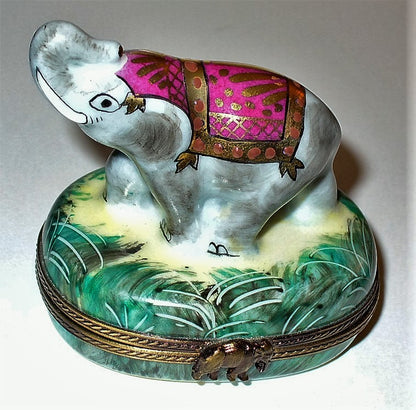 LIMOGES FRANCE BOX -ASIAN ELEPHANT & CEREMONIAL ATTIRE- JUNGLE FOLIAGE & SHRUBS