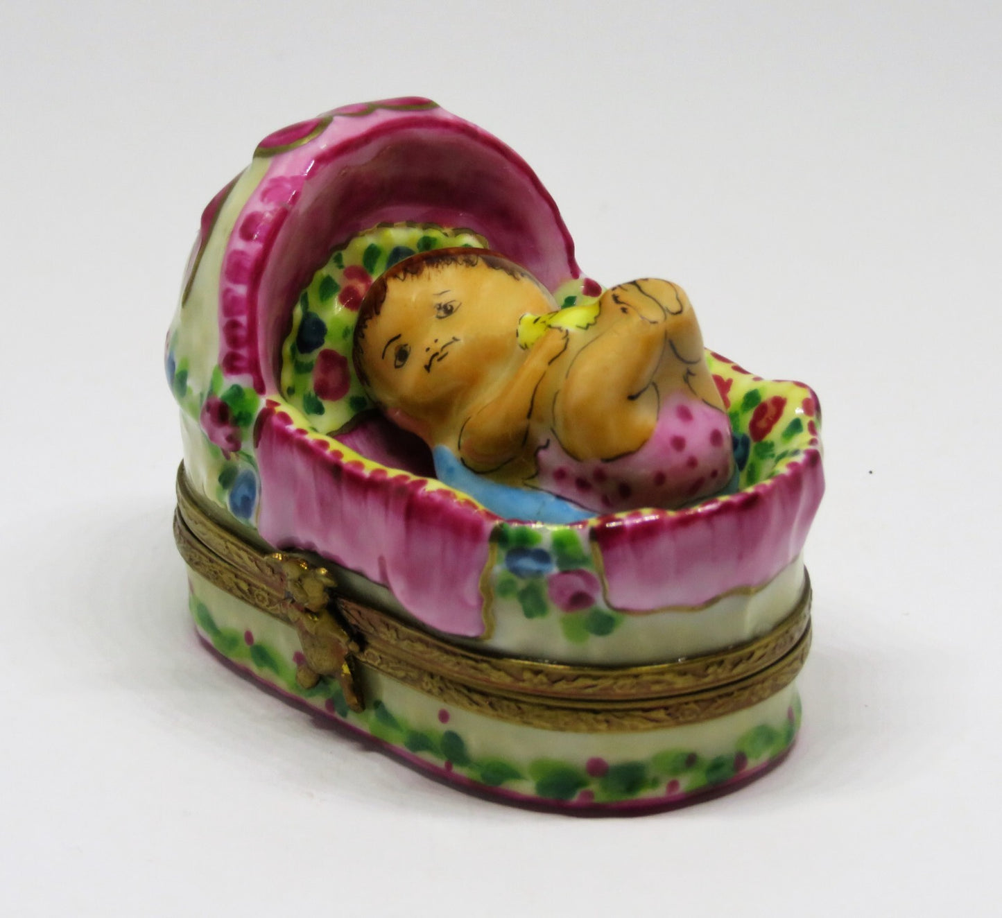 LIMOGES FRANCE BOX - ROCHARD - BABY GIRL IN A BASKET - ROSES & BOW & HEART - BIB