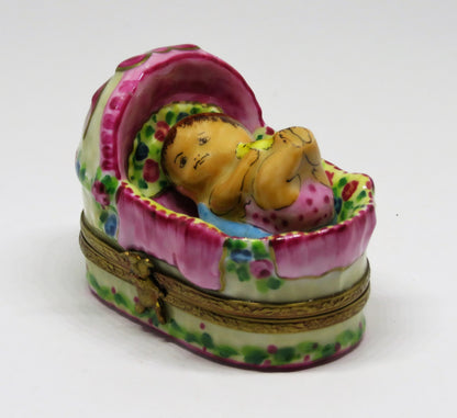LIMOGES FRANCE BOX - ROCHARD - BABY GIRL IN A BASKET - ROSES & BOW & HEART - BIB