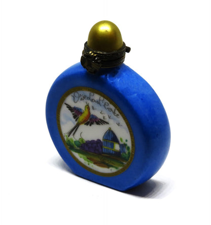 LIMOGES FRANCE BOX - VIALARD - BLUE PERFUME BOTTLE & BIRD - "VIVE LA LIBERTÉ"