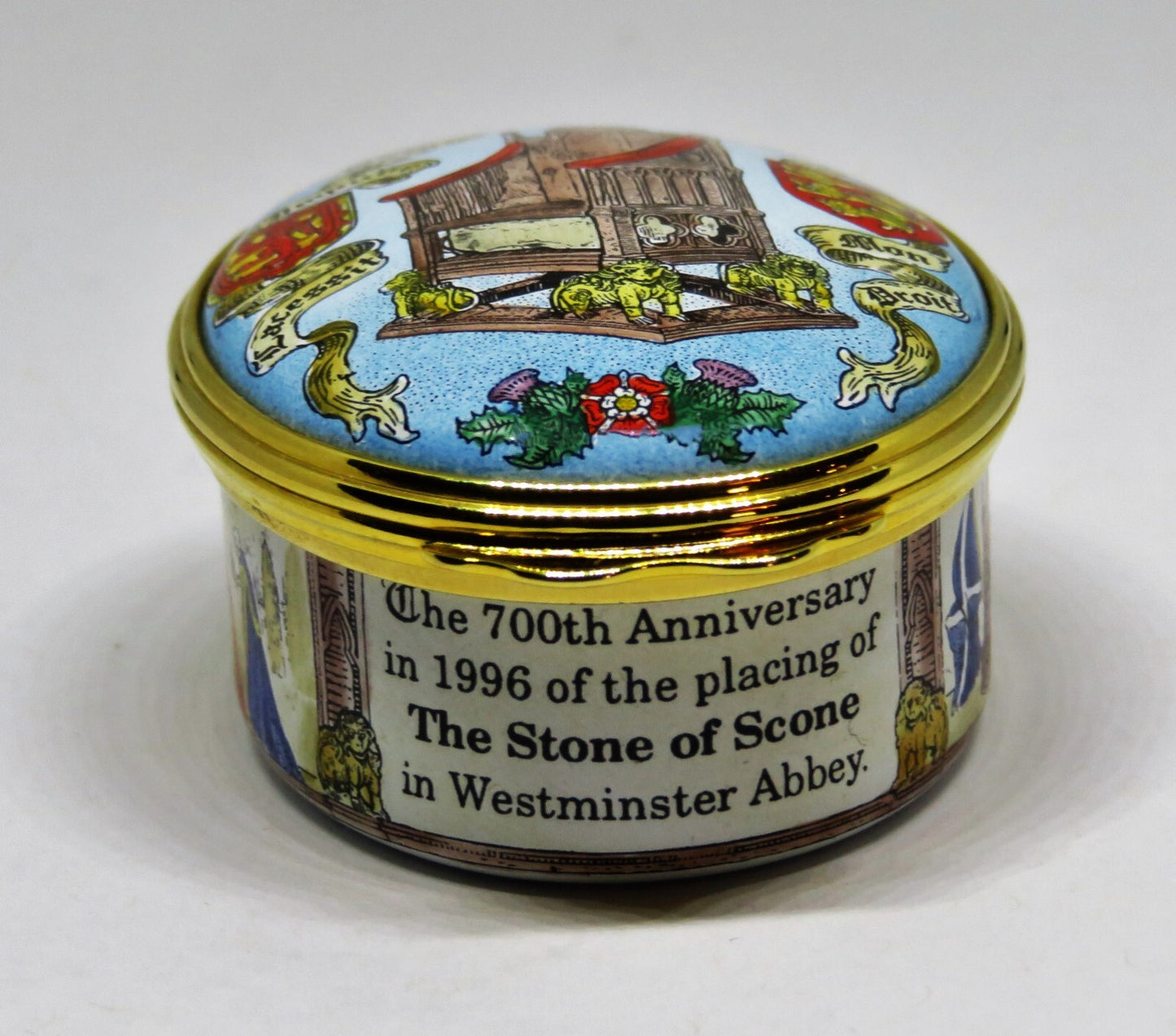 HALCYON DAYS ENGLISH ENAMEL BOX- THE STONE OF SCONE - BRITISH ROYALTY - SCOTLAND