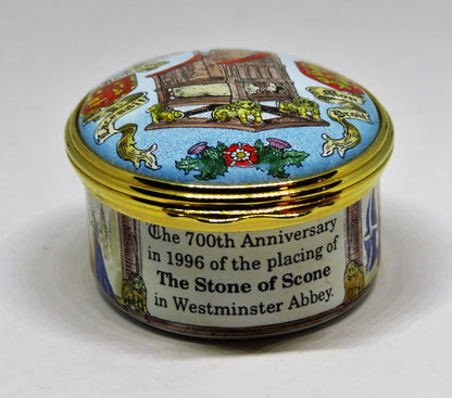 HALCYON DAYS ENGLISH ENAMEL BOX- THE STONE OF SCONE - BRITISH ROYALTY - SCOTLAND
