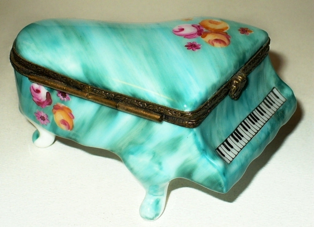 LIMOGES FRANCE BOX~ TEAL GRAND PIANO & FLOWERS ~ ROSES ~ SHEET MUSIC ~PEINT MAIN