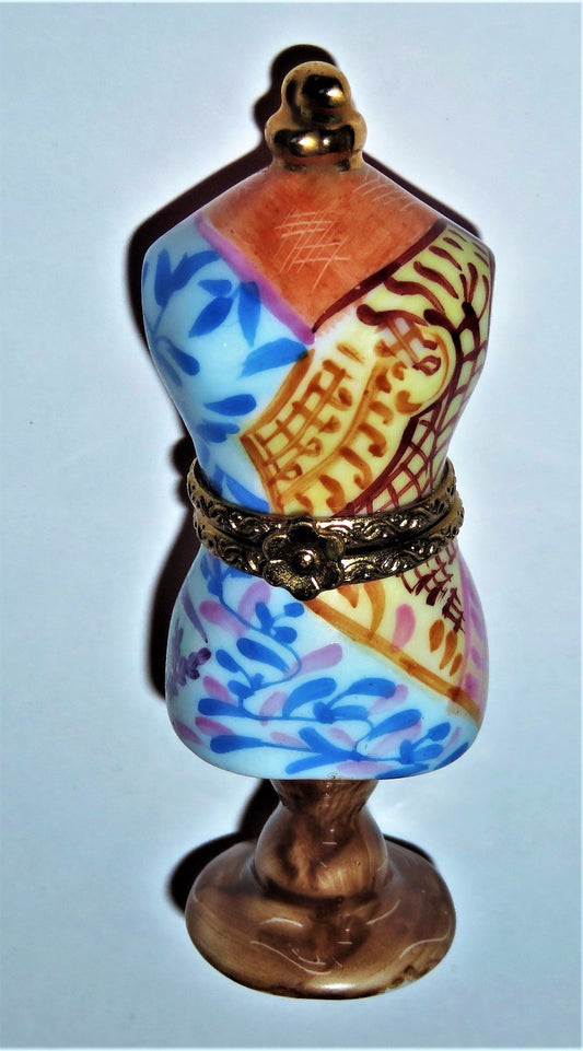 LIMOGES FRANCE BOX ~ ROCHARD ~ SEWING MANNEQUIN & STAND & FABRIC SWATCHES