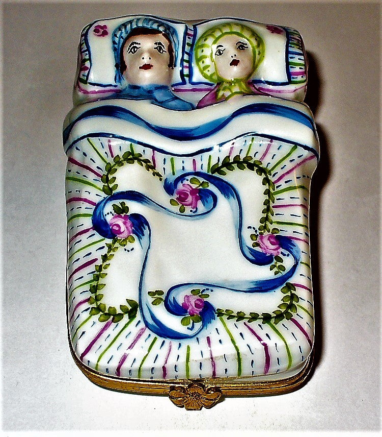 LIMOGES BOX - COUPLE IN BED - FLORAL BLANKET - RIBBONS & ROSES - BABY & CRADLE