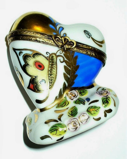 LIMOGES FRANCE BOX~ CHAMART ~ LEANING HEART ~ FLOWERS & BUTTERFLY ~ ANNIVERSARY