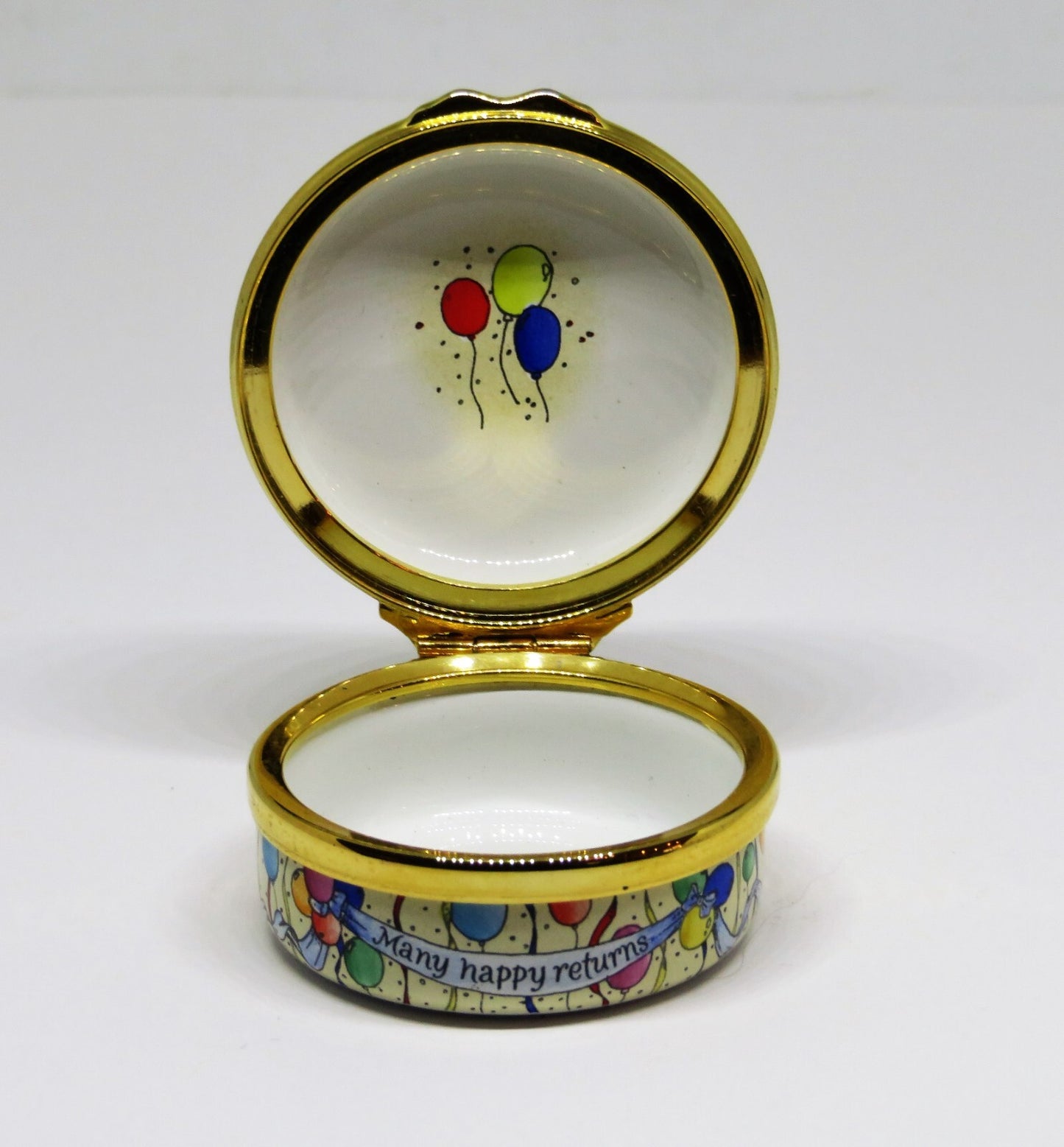 HALCYON DAYS ENAMEL BOX - STRAWBERRY "HAPPY BIRTHDAY" CAKE - CANDLES & BALLOONS