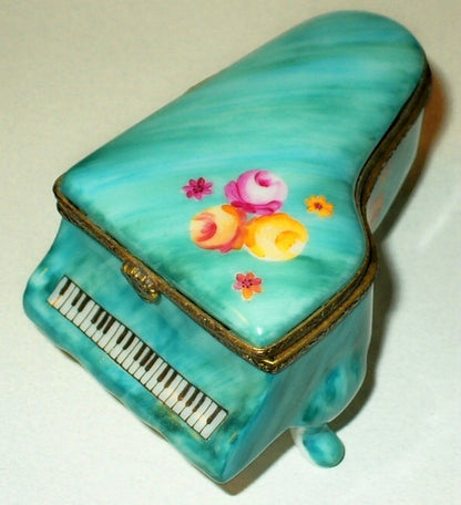 LIMOGES FRANCE BOX~ TEAL GRAND PIANO & FLOWERS ~ ROSES ~ SHEET MUSIC ~PEINT MAIN