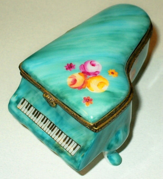 LIMOGES FRANCE BOX~ TEAL GRAND PIANO & FLOWERS ~ ROSES ~ SHEET MUSIC ~PEINT MAIN