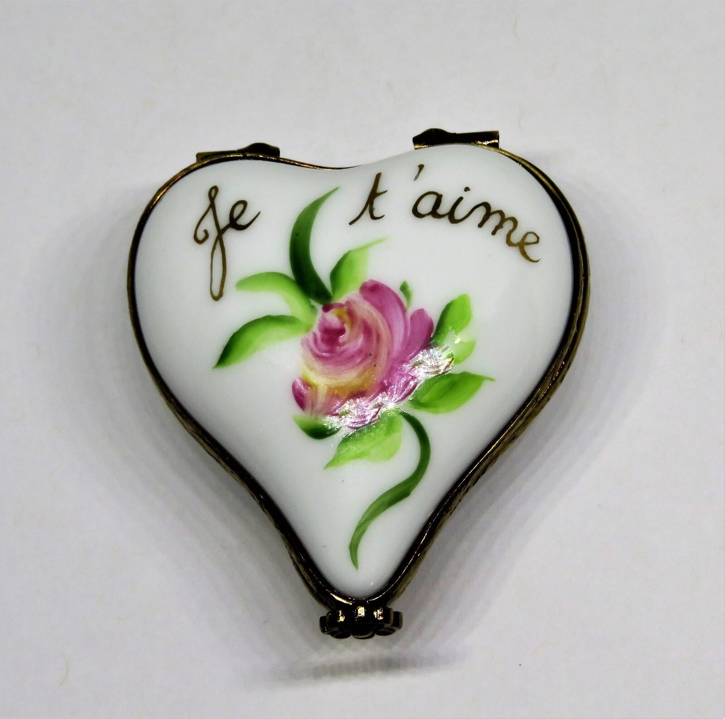 LIMOGES BOX -RIBIERRE- HEART & PINK ROSE -FLOWERS- "JE T'AIME" - I LOVE YOU - LE